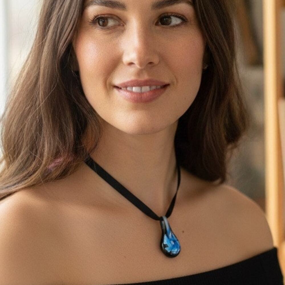 Handmade Upcycled Elegant Black and Blue Teardrop Glass Art Pendant Necklace